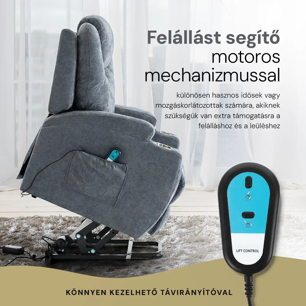 Felállást segítő relax elektromos fotelágy motoros mechanizmus szövet sötétszürke, pohártartóval