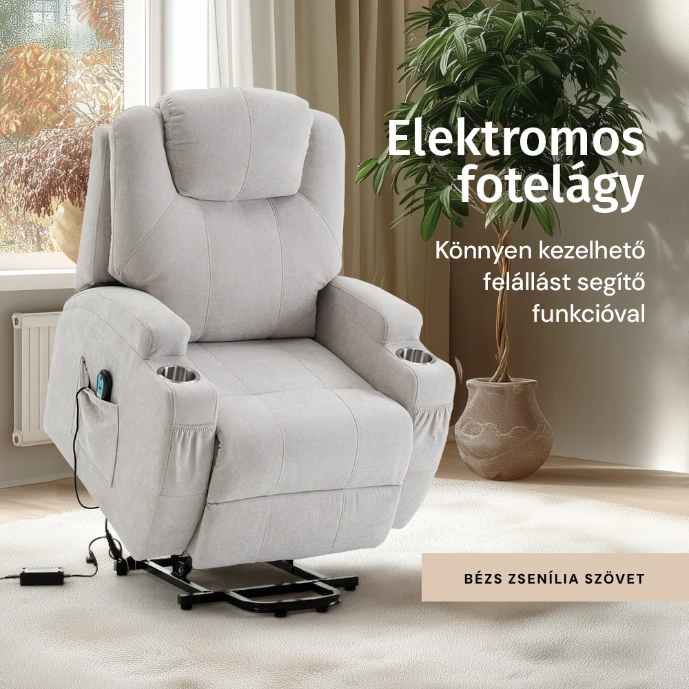 Felállást segítő relax elektromos fotelágy motoros mechanizmus szövet bézs, pohártartóval, masszázzsal, fűtéssel