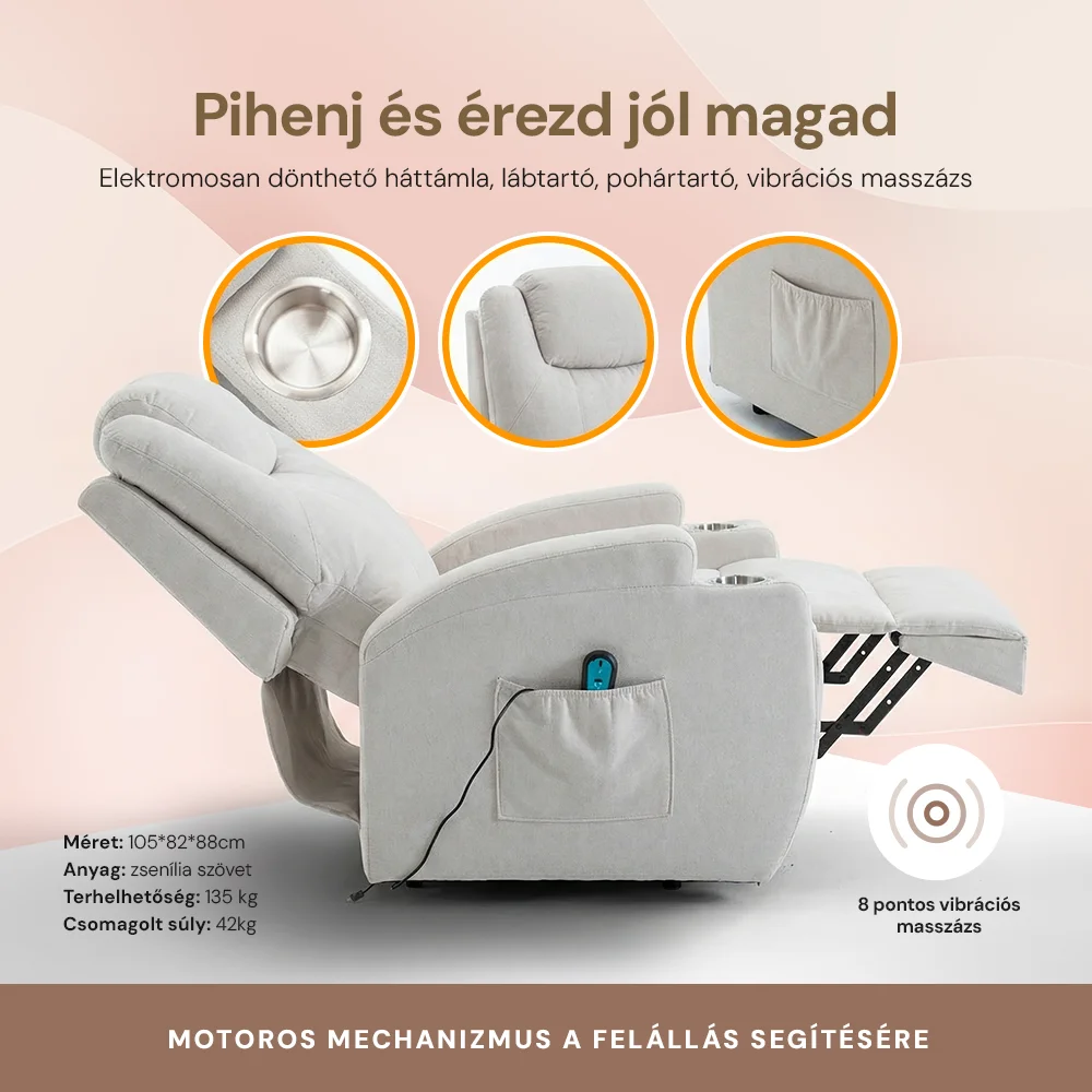 Felállást segítő relax elektromos fotelágy motoros mechanizmus szövet bézs, pohártartóval, masszázzsal, fűtéssel