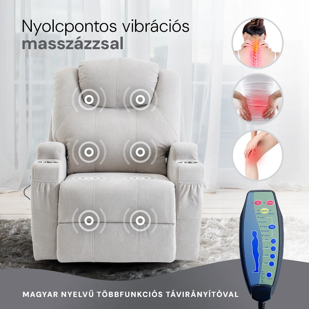 Felállást segítő relax elektromos fotelágy motoros mechanizmus szövet bézs, pohártartóval, masszázzsal, fűtéssel