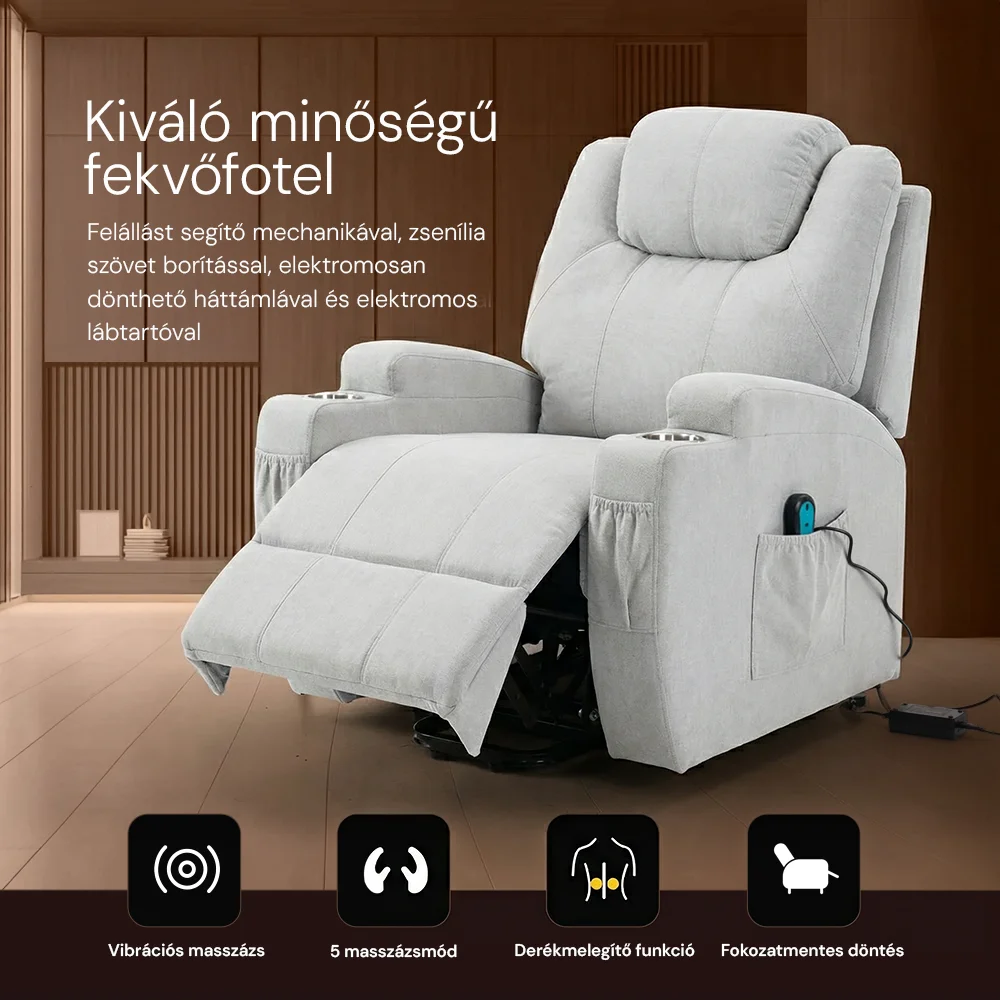 Felállást segítő relax elektromos fotelágy motoros mechanizmus szövet bézs, pohártartóval, masszázzsal, fűtéssel