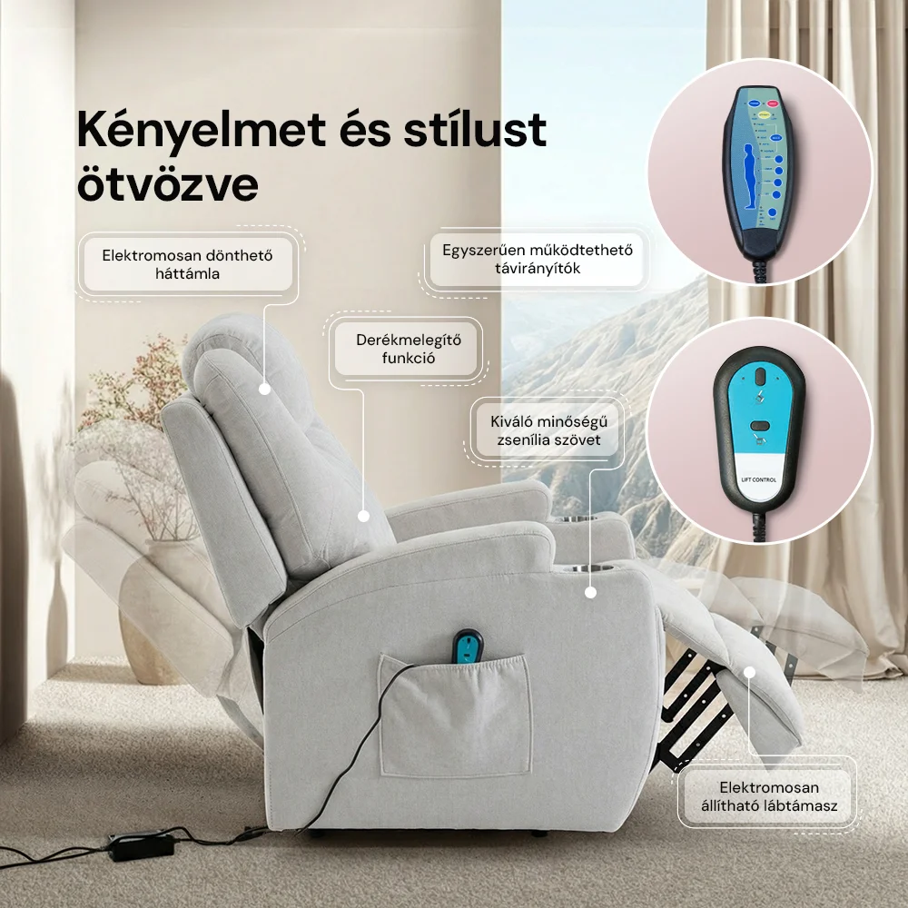 Felállást segítő relax elektromos fotelágy motoros mechanizmus szövet bézs, pohártartóval, masszázzsal, fűtéssel