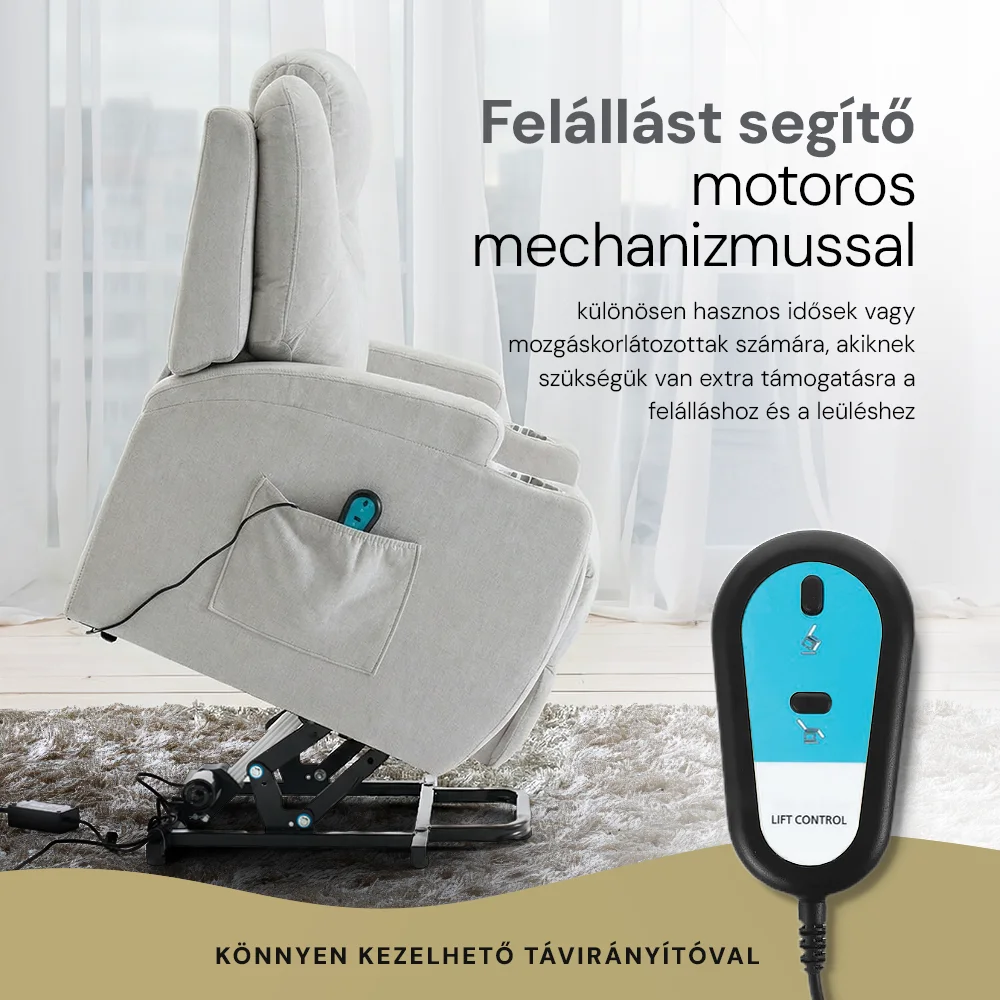 Felállást segítő relax elektromos fotelágy motoros mechanizmus szövet bézs, pohártartóval, masszázzsal, fűtéssel