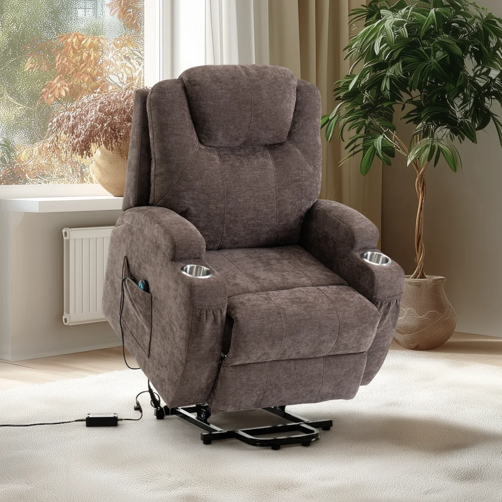 Felállást segítő relax elektromos fotelágy motoros mechanizmus szövet sötétbarna, pohártartóval, masszázzsal, fűtéssel