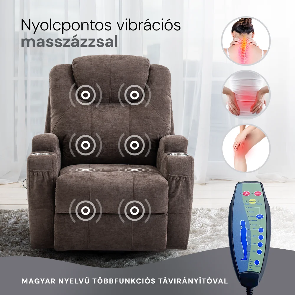 Felállást segítő relax elektromos fotelágy motoros mechanizmus szövet sötétbarna, pohártartóval, masszázzsal, fűtéssel