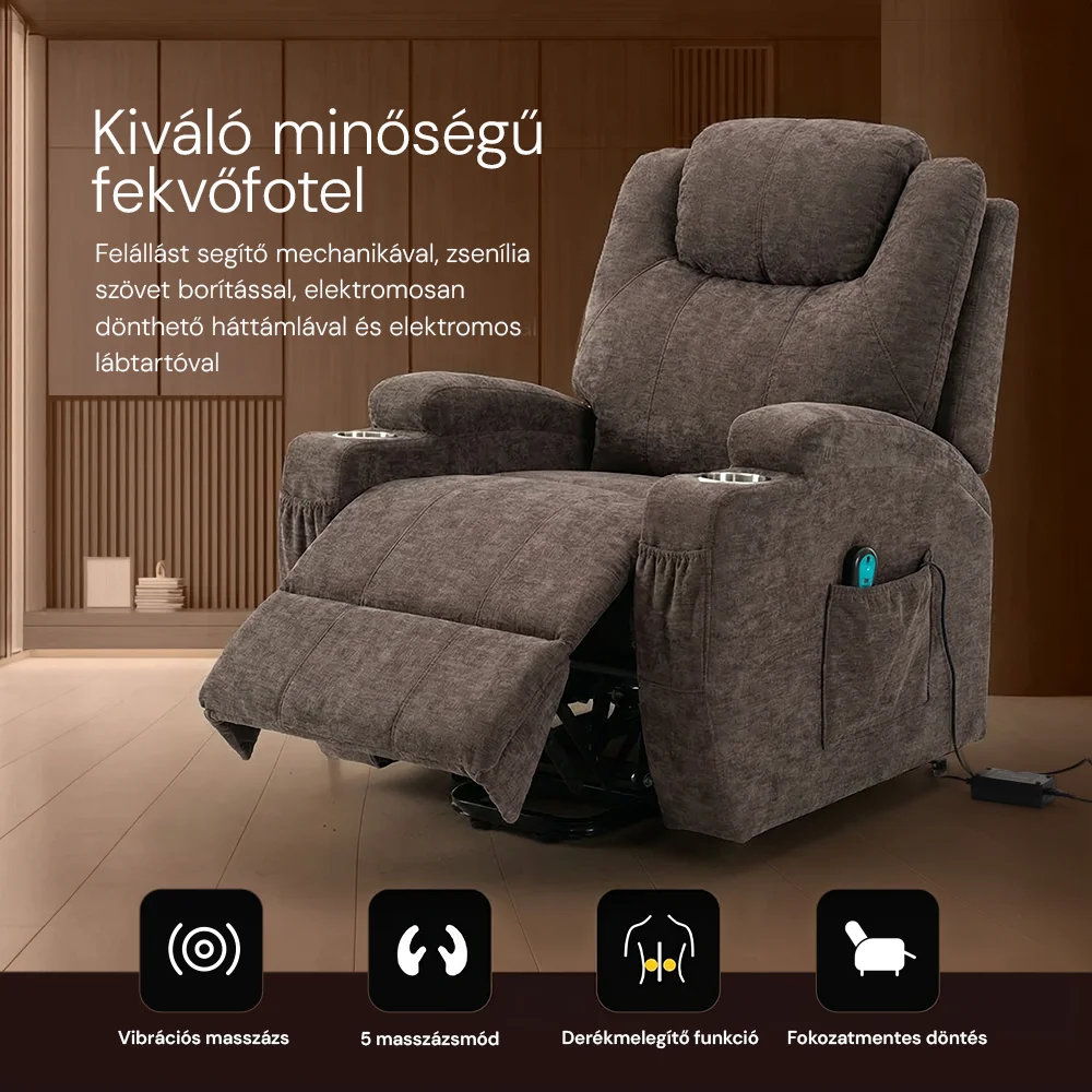 Felállást segítő relax elektromos fotelágy motoros mechanizmus szövet sötétbarna, pohártartóval, masszázzsal, fűtéssel