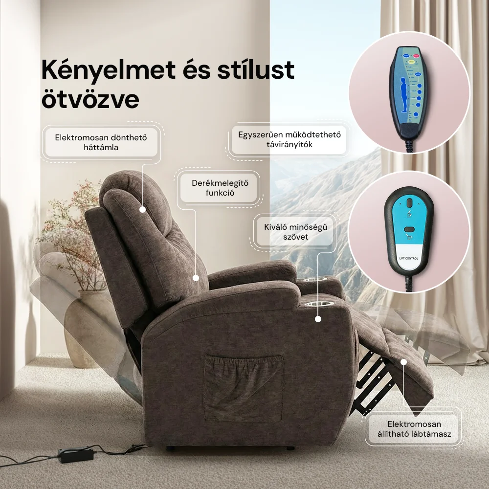 Felállást segítő relax elektromos fotelágy motoros mechanizmus szövet sötétbarna, pohártartóval, masszázzsal, fűtéssel