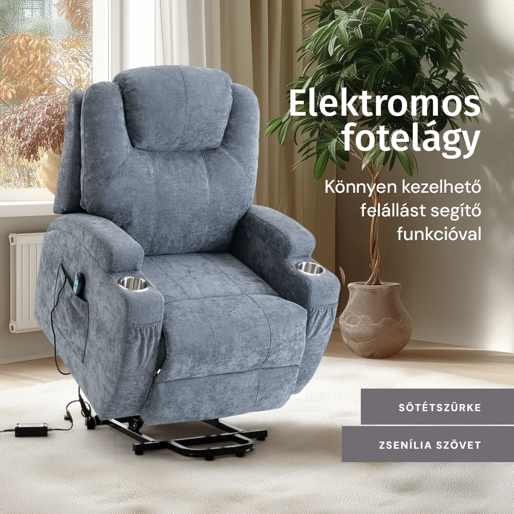 Felállást segítő relax elektromos fotelágy motoros mechanizmus szövet sötétszürke, pohártartóval, masszázzsal, fűtéssel