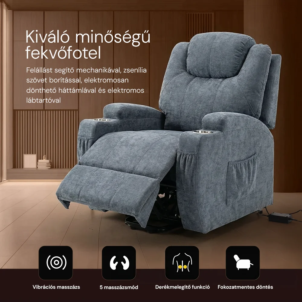 Felállást segítő relax elektromos fotelágy motoros mechanizmus szövet sötétszürke, pohártartóval, masszázzsal, fűtéssel
