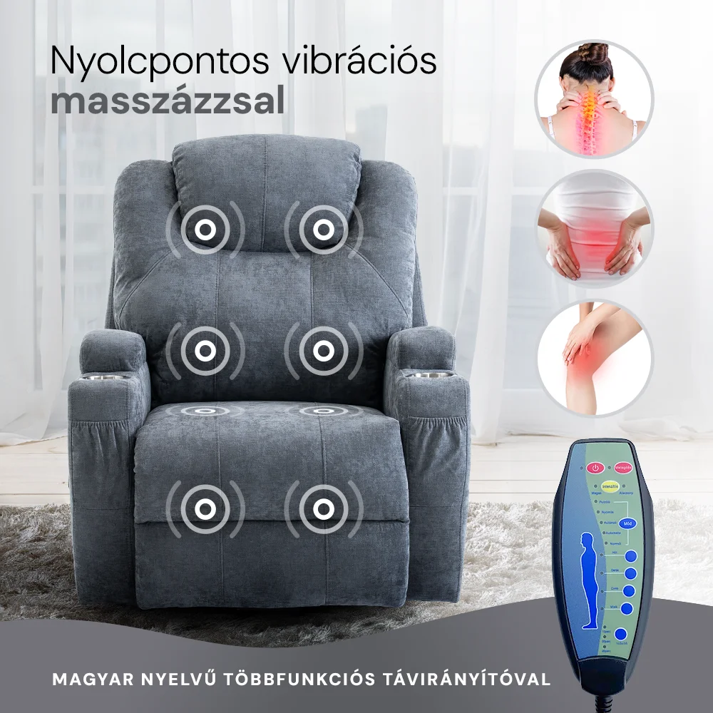 Felállást segítő relax elektromos fotelágy motoros mechanizmus szövet sötétszürke, pohártartóval, masszázzsal, fűtéssel