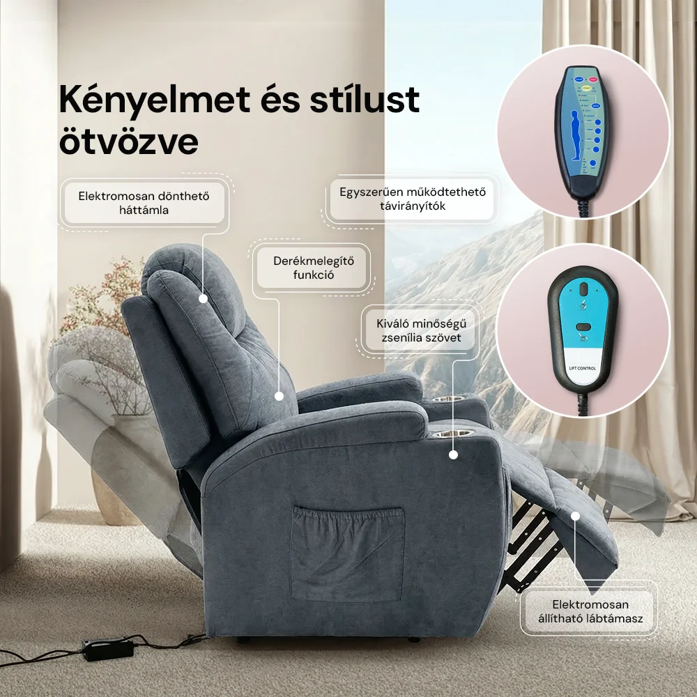 Felállást segítő relax elektromos fotelágy motoros mechanizmus szövet sötétszürke, pohártartóval, masszázzsal, fűtéssel