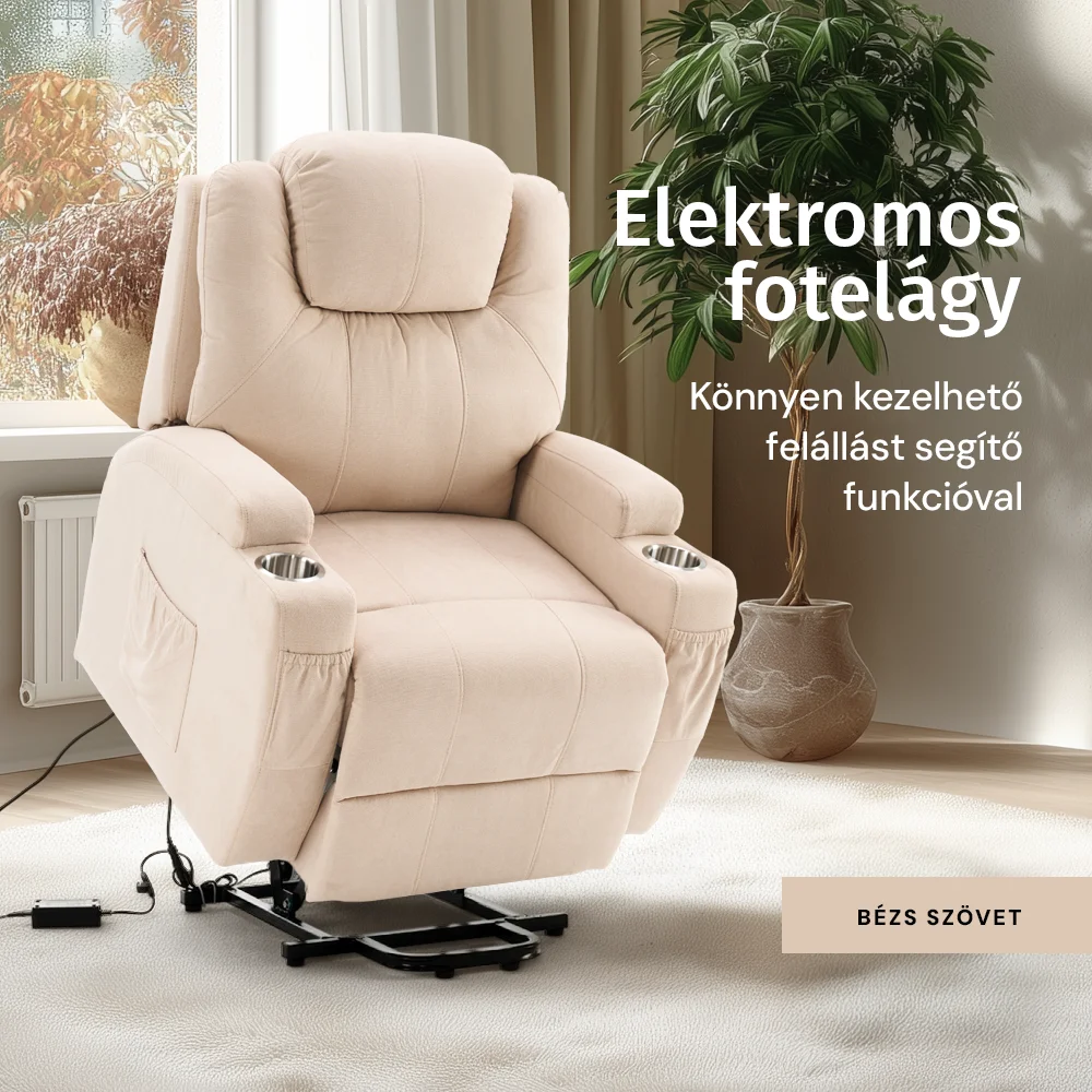 Vízlepergető szövettel felállást segítő relax elektromos fotelágy motoros mechanizmus szövet bézs, pohártartóval, masszázzsal, fűtéssel
