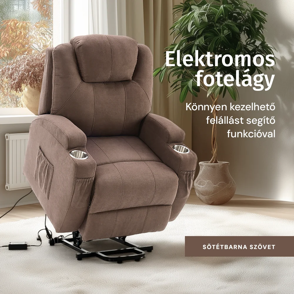 Vízlepergető szövettel felállást segítő relax elektromos fotelágy motoros mechanizmus szövet sötétbarna, pohártartóval, masszázzsal, fűtéssel