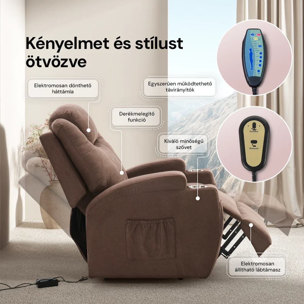 Vízlepergető szövettel felállást segítő relax elektromos fotelágy motoros mechanizmus szövet sötétbarna, pohártartóval, masszázzsal, fűtéssel