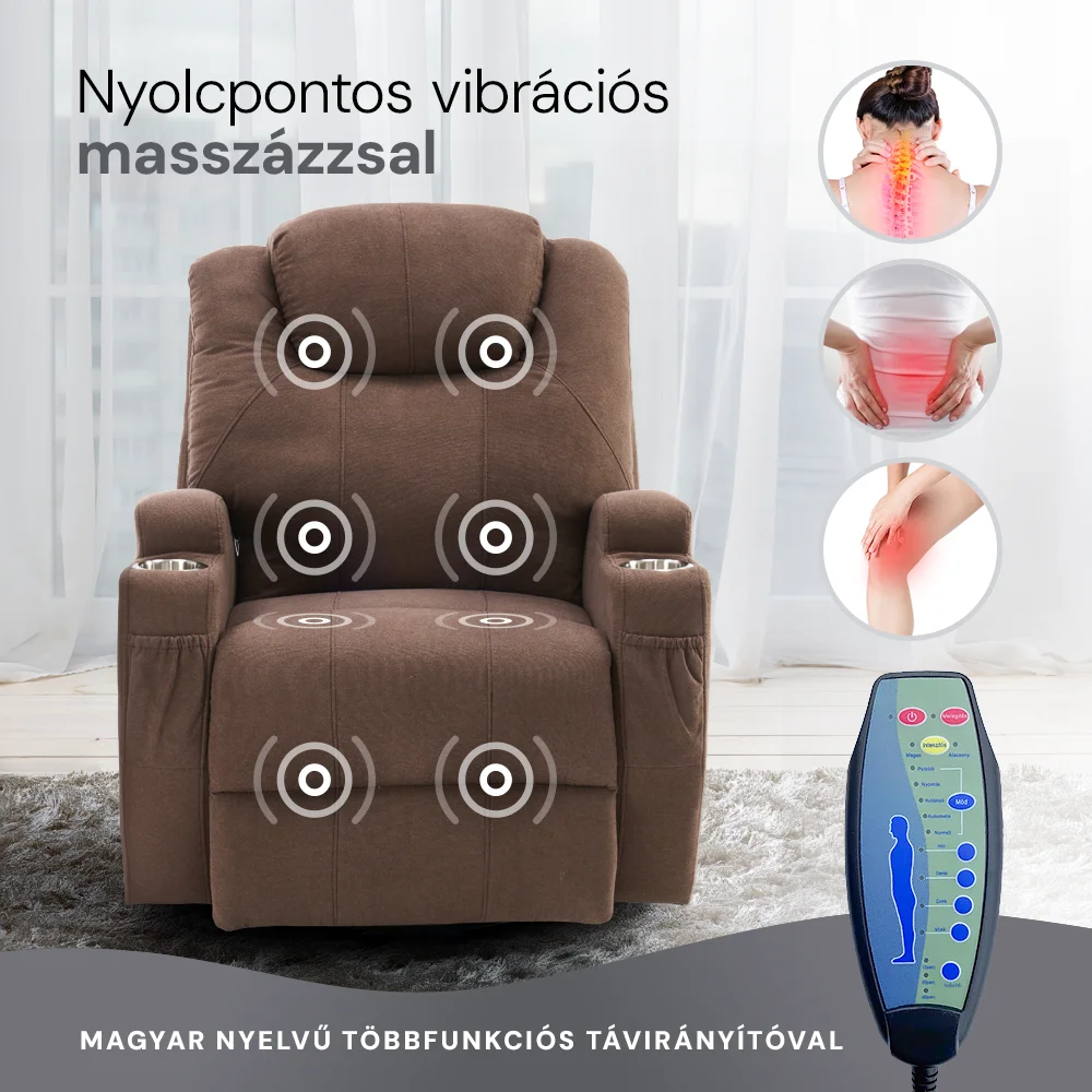 Vízlepergető szövettel felállást segítő relax elektromos fotelágy motoros mechanizmus szövet sötétbarna, pohártartóval, masszázzsal, fűtéssel