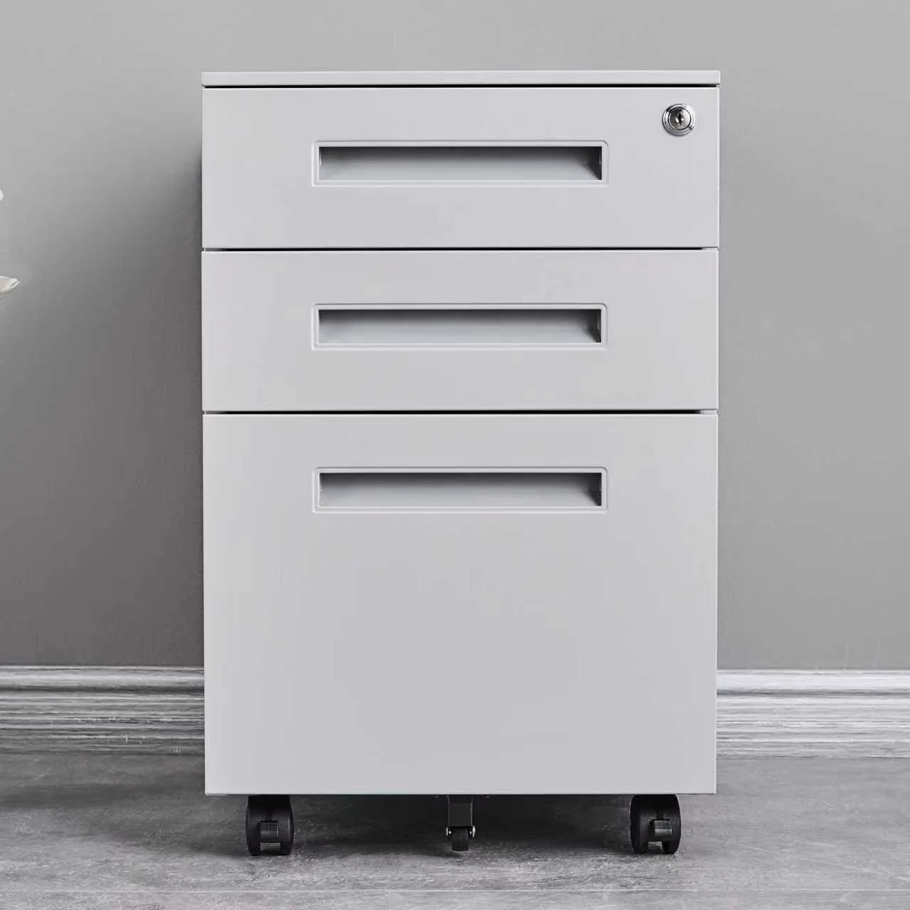 Kovová pojazdná skrinka, 3-zásuvková, biela