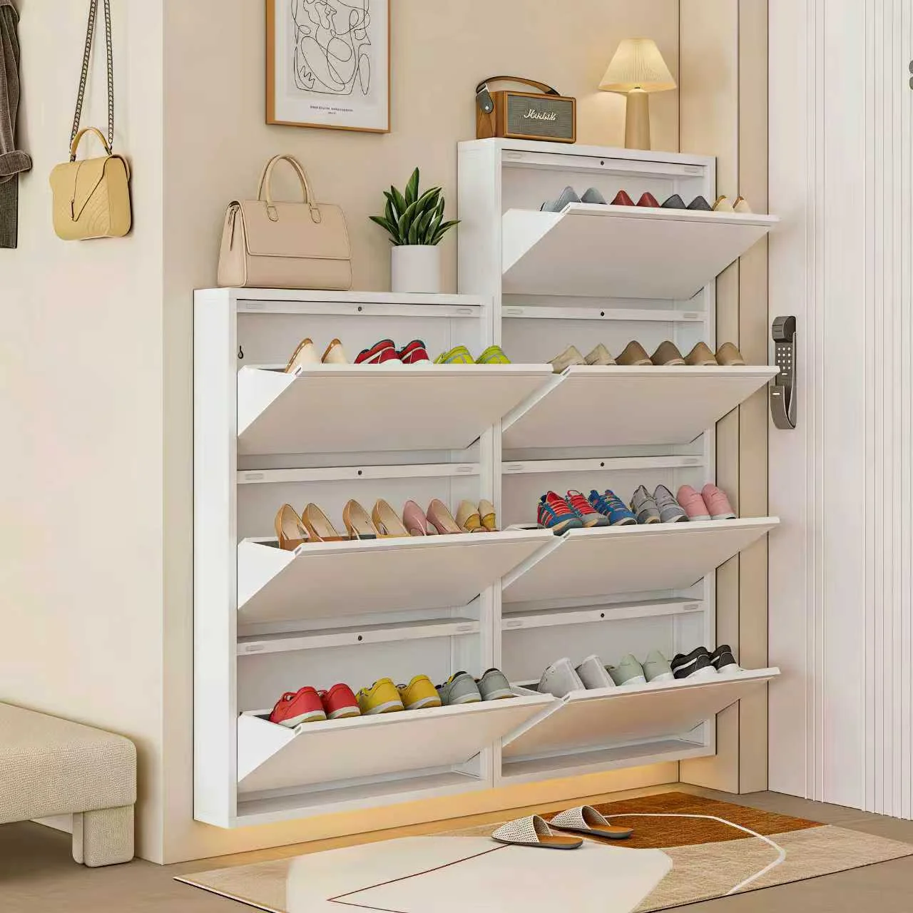 Fém cipősszekrény falra szerelhető kivitelben, 4 szintes fehér billenős (144 × 80 × 15 cm)