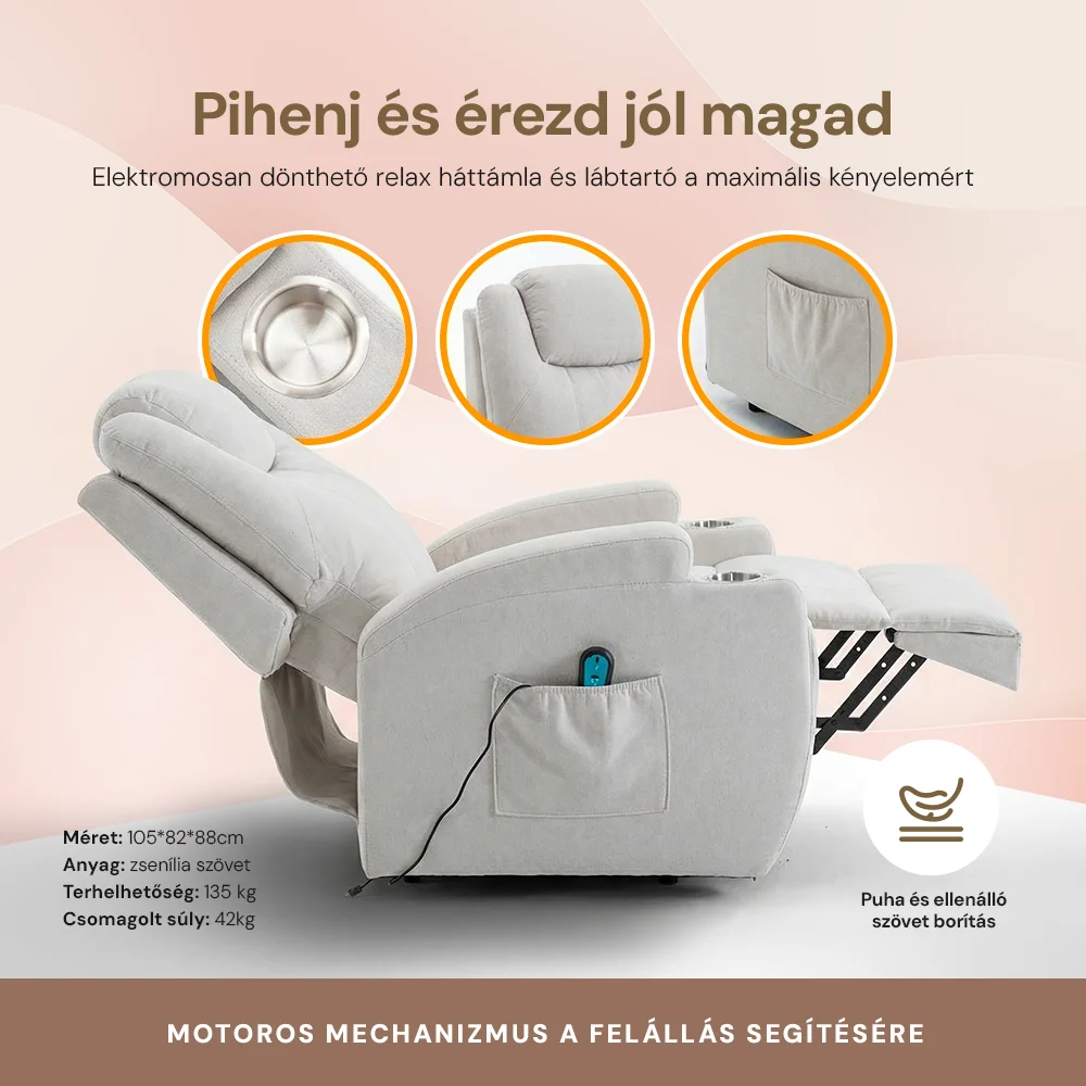 Felállást segítő relax elektromos fotelágy motoros mechanizmus szövet bézs, pohártartóval