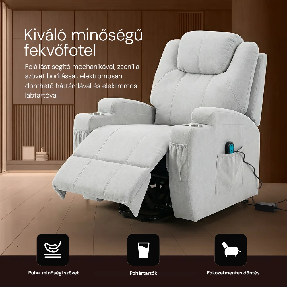 Felállást segítő relax elektromos fotelágy motoros mechanizmus szövet bézs, pohártartóval
