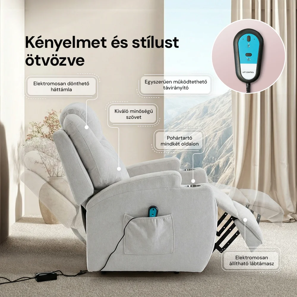 Felállást segítő relax elektromos fotelágy motoros mechanizmus szövet bézs, pohártartóval