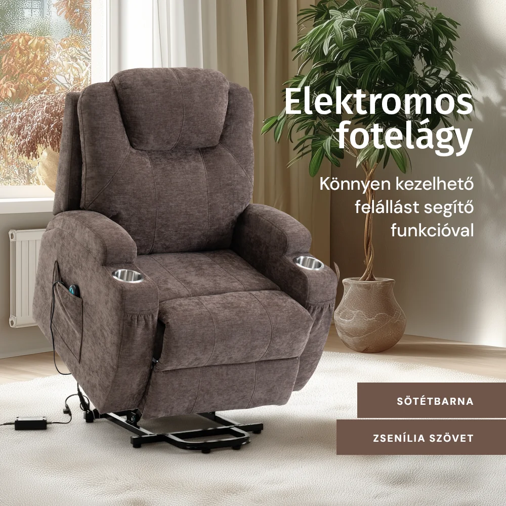 Felállást segítő elektromos relax fotelágy motoros mechanizmus szövet sötétbarna, pohártartóval