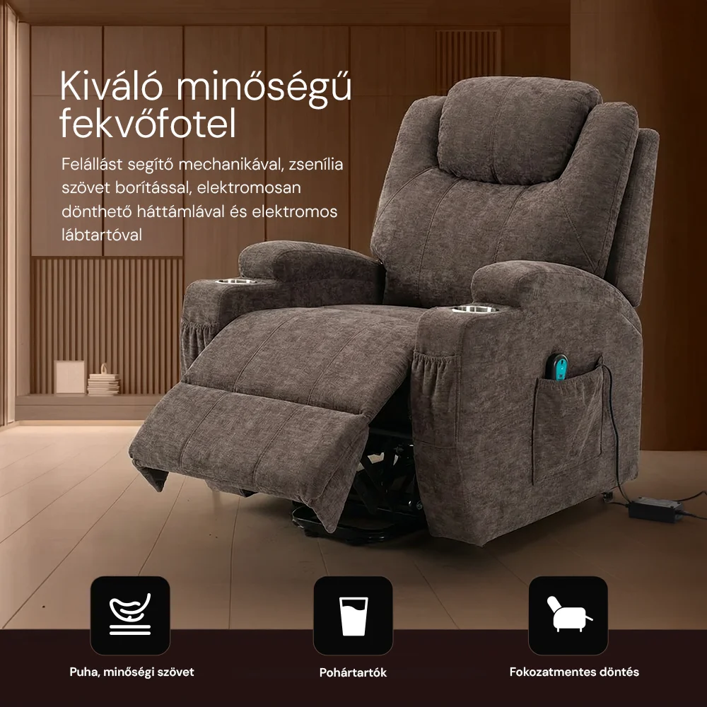 Felállást segítő elektromos relax fotelágy motoros mechanizmus szövet sötétbarna, pohártartóval