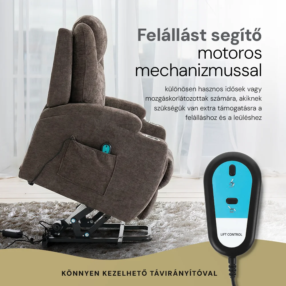 Felállást segítő elektromos relax fotelágy motoros mechanizmus szövet sötétbarna, pohártartóval