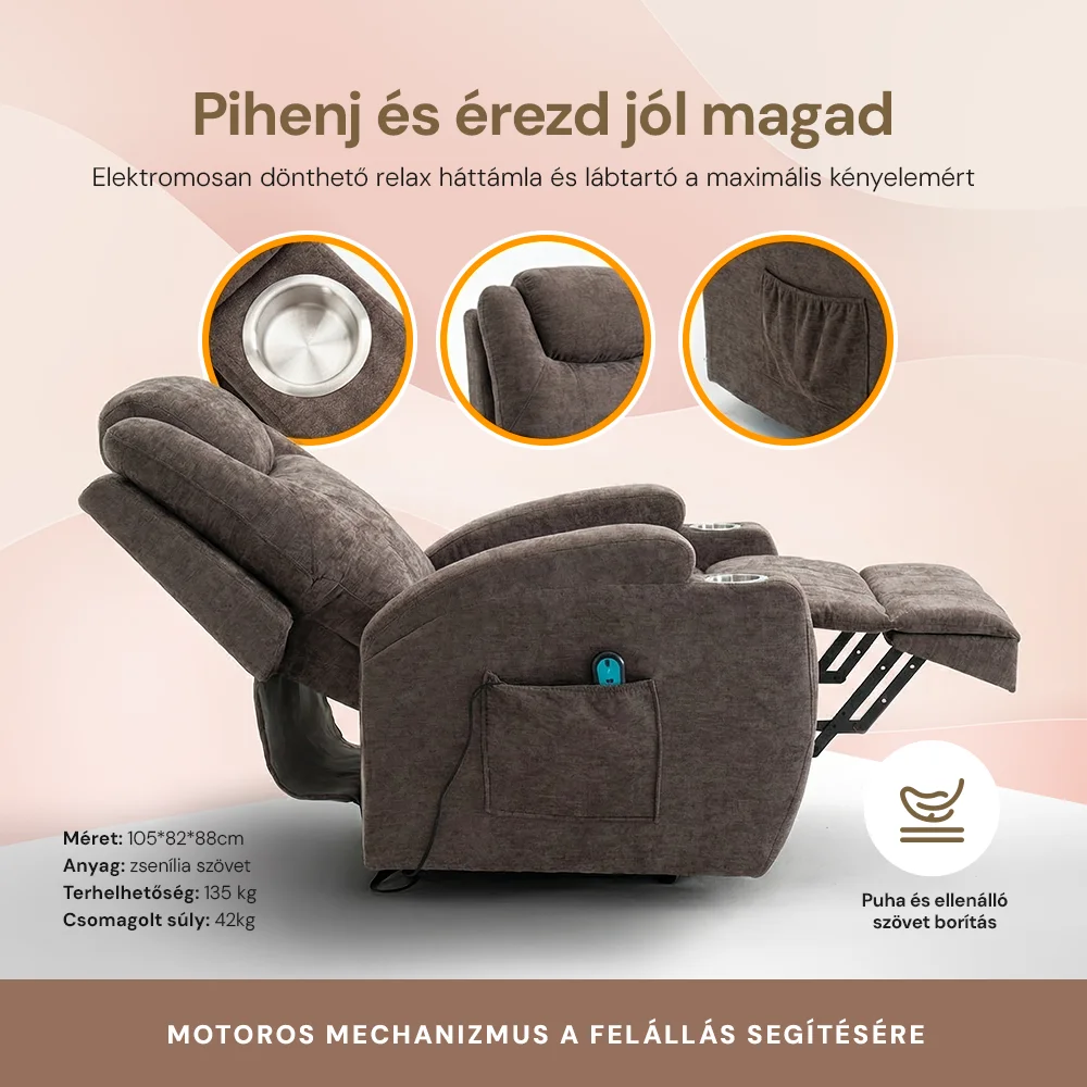 Felállást segítő elektromos relax fotelágy motoros mechanizmus szövet sötétbarna, pohártartóval