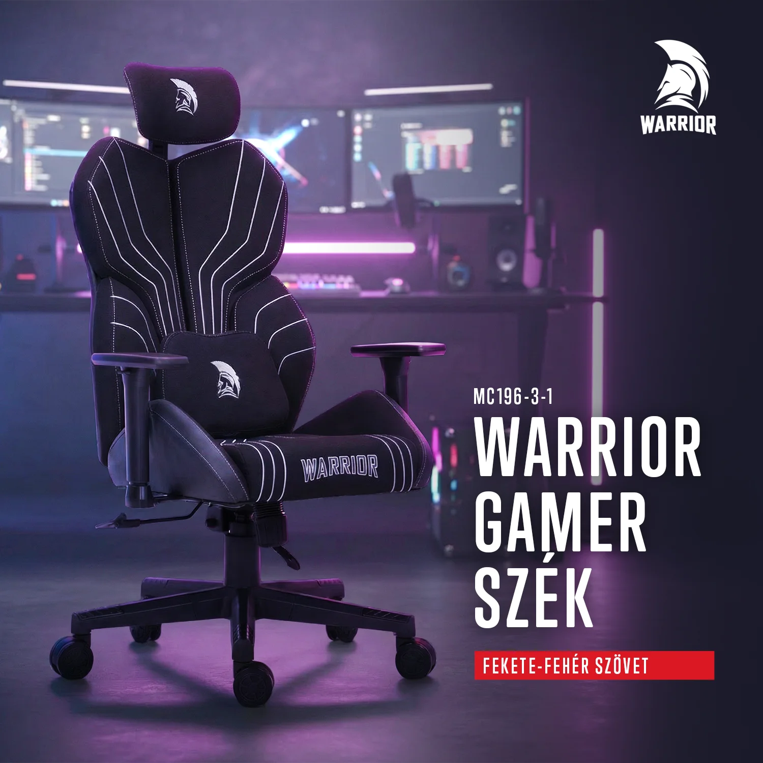 Herná látková stolička Warrior čierno-biela (MC196-3-1)