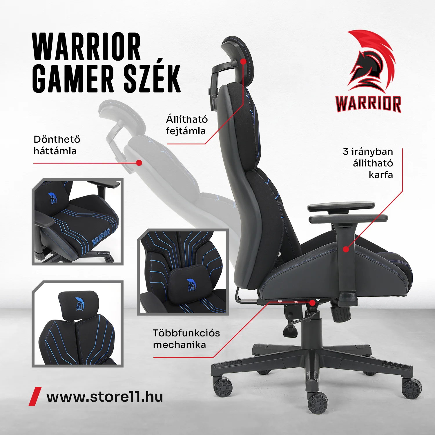 Herná látková stolička Warrior čierno-modrá (MC196-3-1)