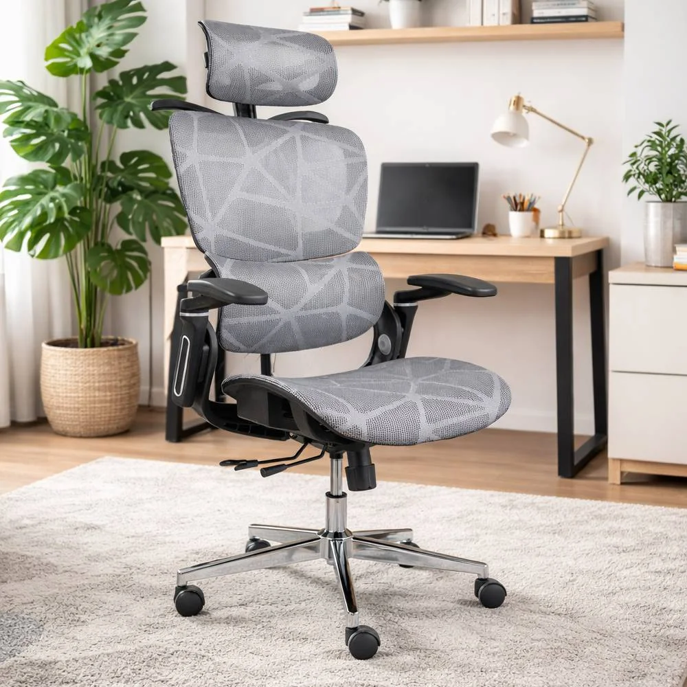 Prémiová ergonomická kancelárska stolička, otočná stolička, sivá sieťovaná (E05)