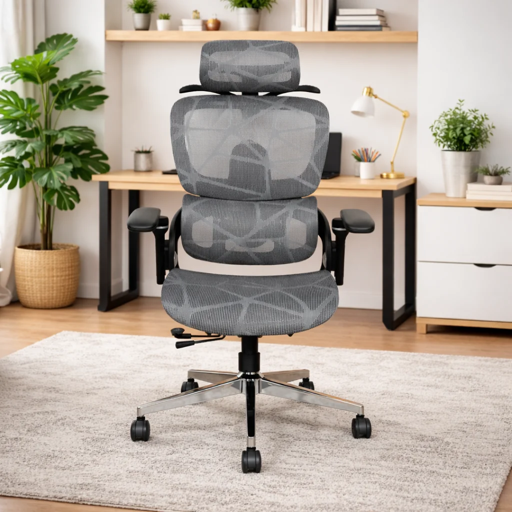 Prémiová ergonomická kancelárska stolička, otočná stolička, sivá sieťovaná (E05)