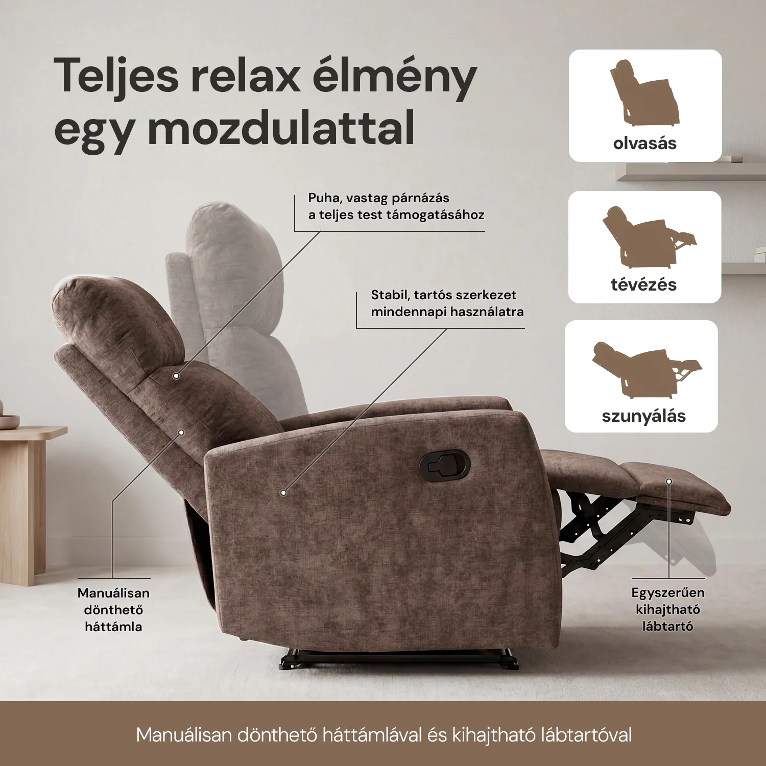 Fekvőfotel, relax fotelágy dönthető háttámlával, lábtartóval barna zsenília szövet (JKY-9224-DARK BROWN)