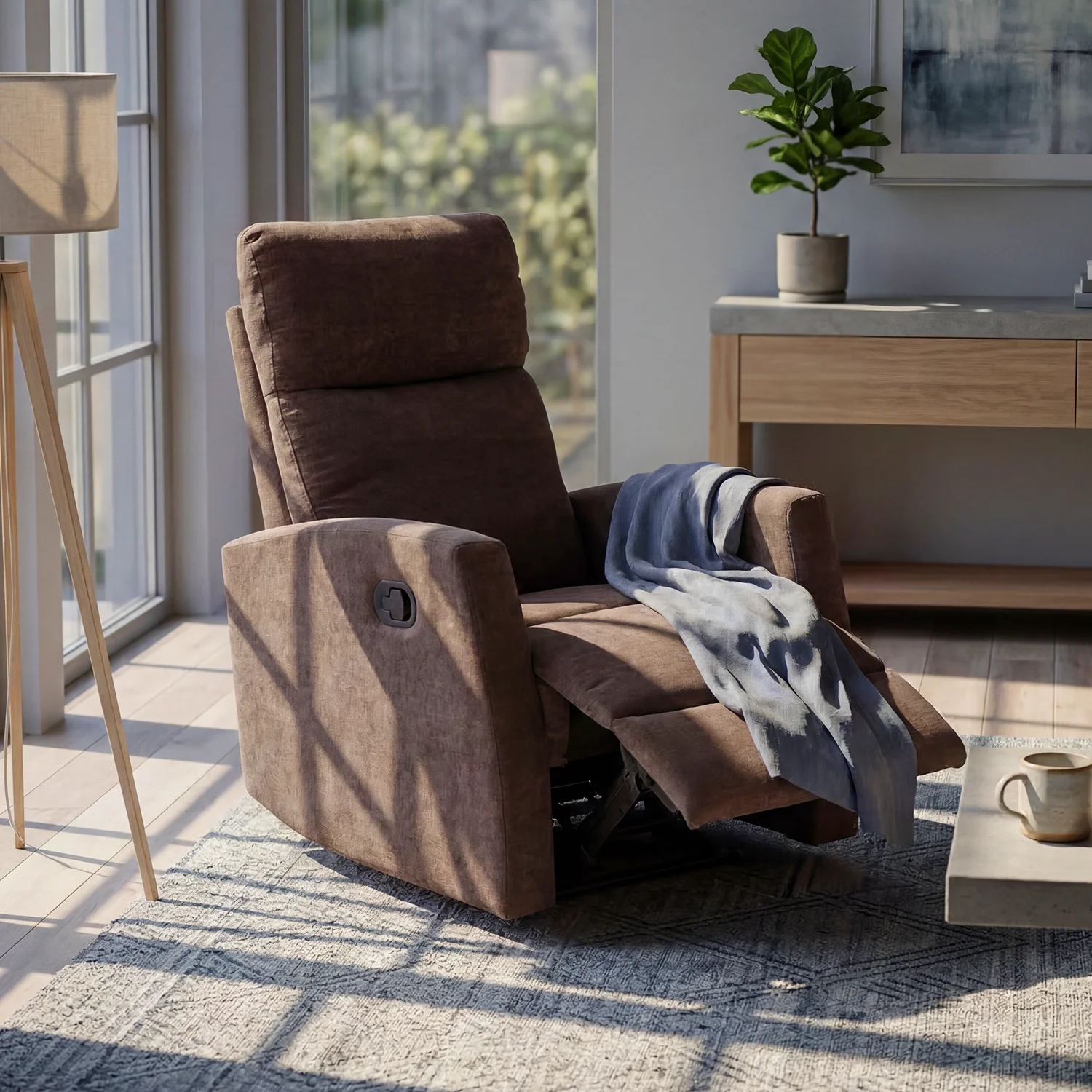 Fekvőfotel, relax fotelágy dönthető háttámlával, lábtartóval barna zsenília szövet (JKY-9224-DARK BROWN)