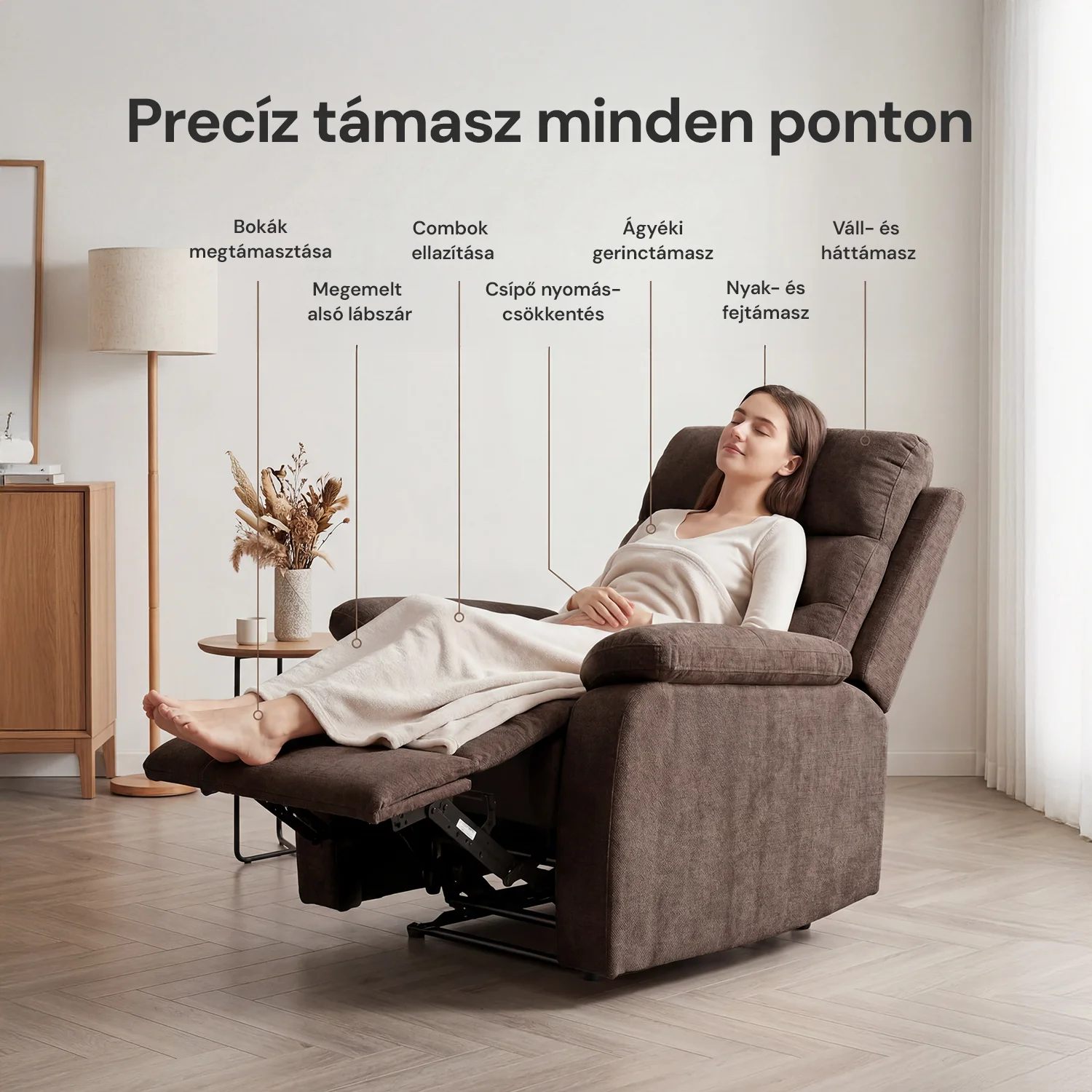 Fekvőfotel, relax fotelágy dönthető háttámlával, lábtartóval barna zsenília szövet (JKY-9224-DARK BROWN)