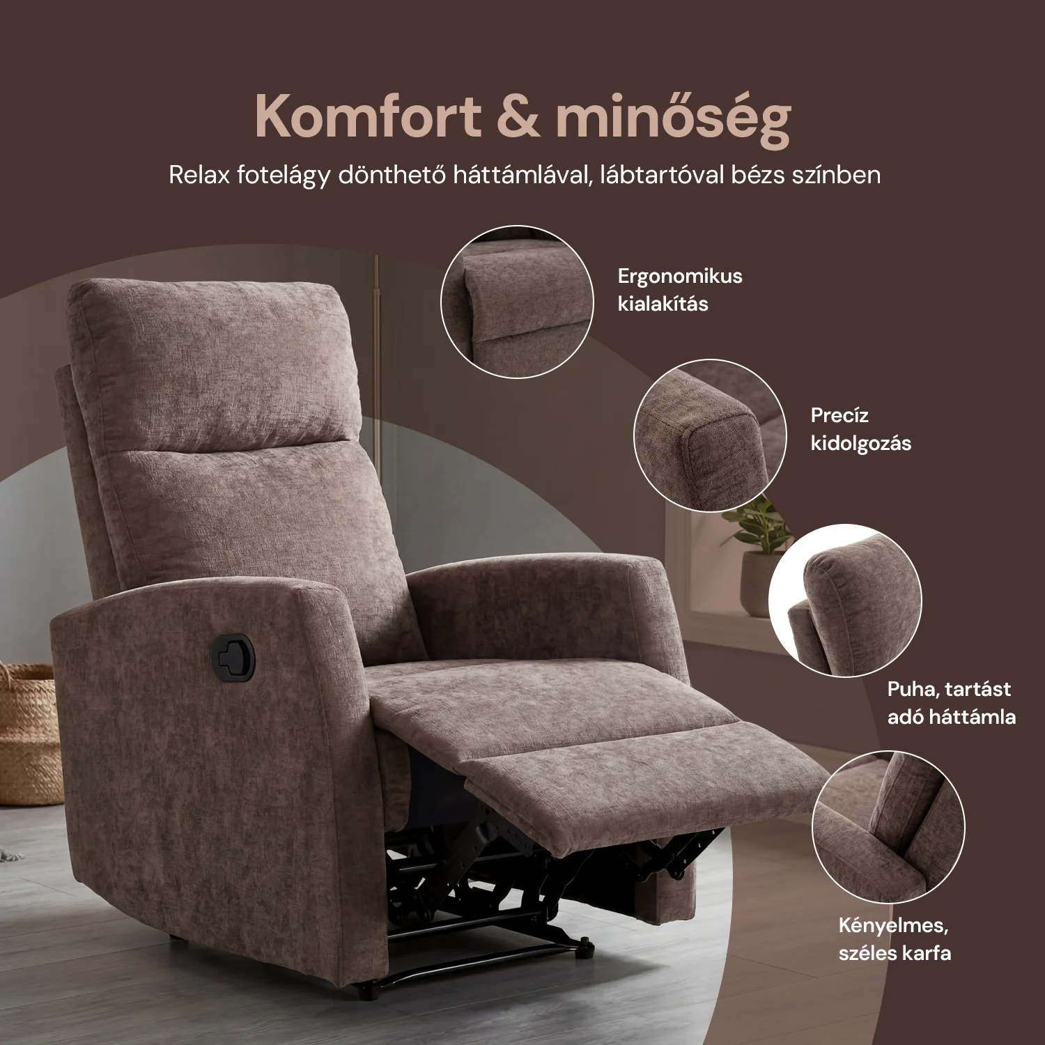 Fekvőfotel, relax fotelágy dönthető háttámlával, lábtartóval barna zsenília szövet (JKY-9224-DARK BROWN)