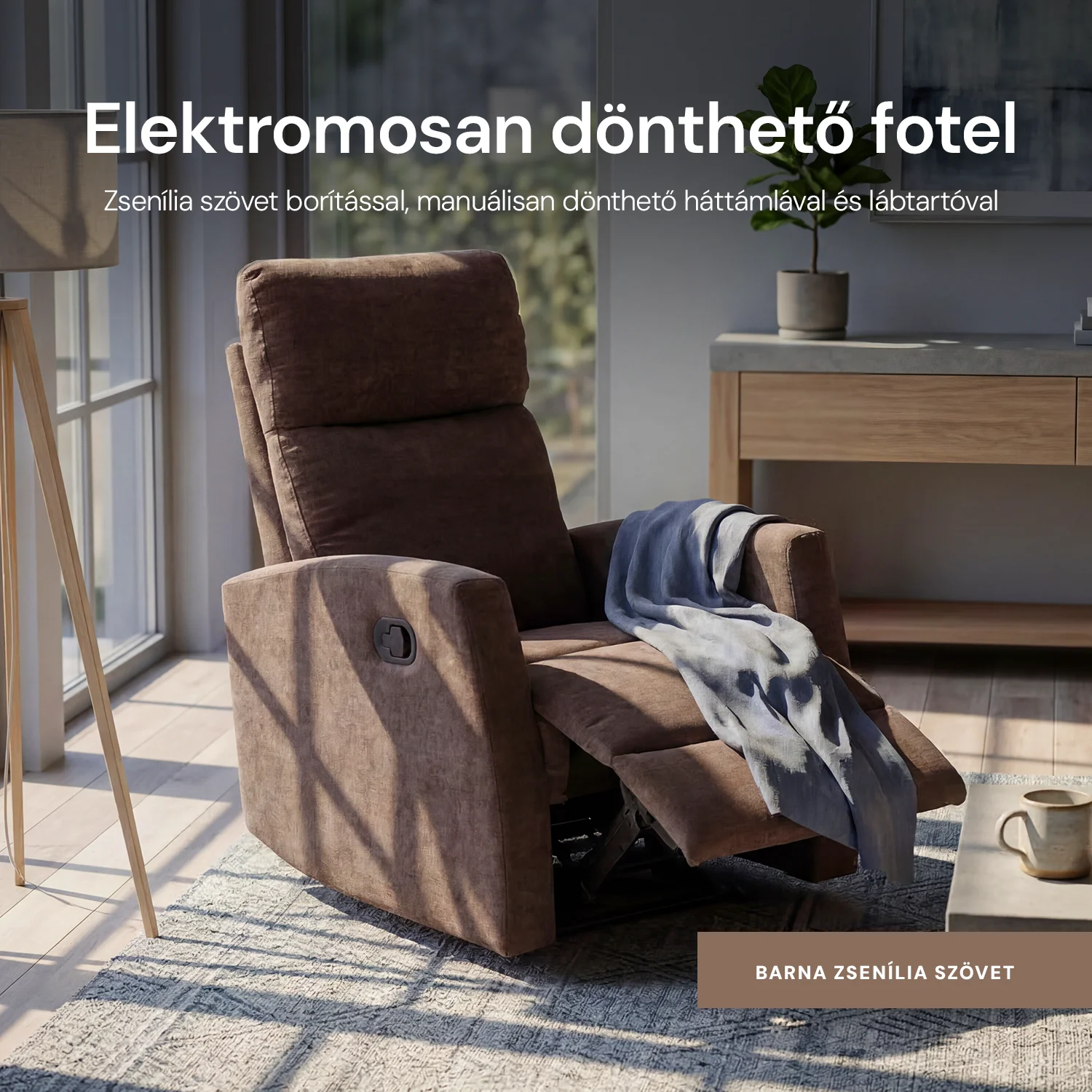 Fekvőfotel, relax fotelágy dönthető háttámlával, lábtartóval barna zsenília szövet (JKY-9224-DARK BROWN)