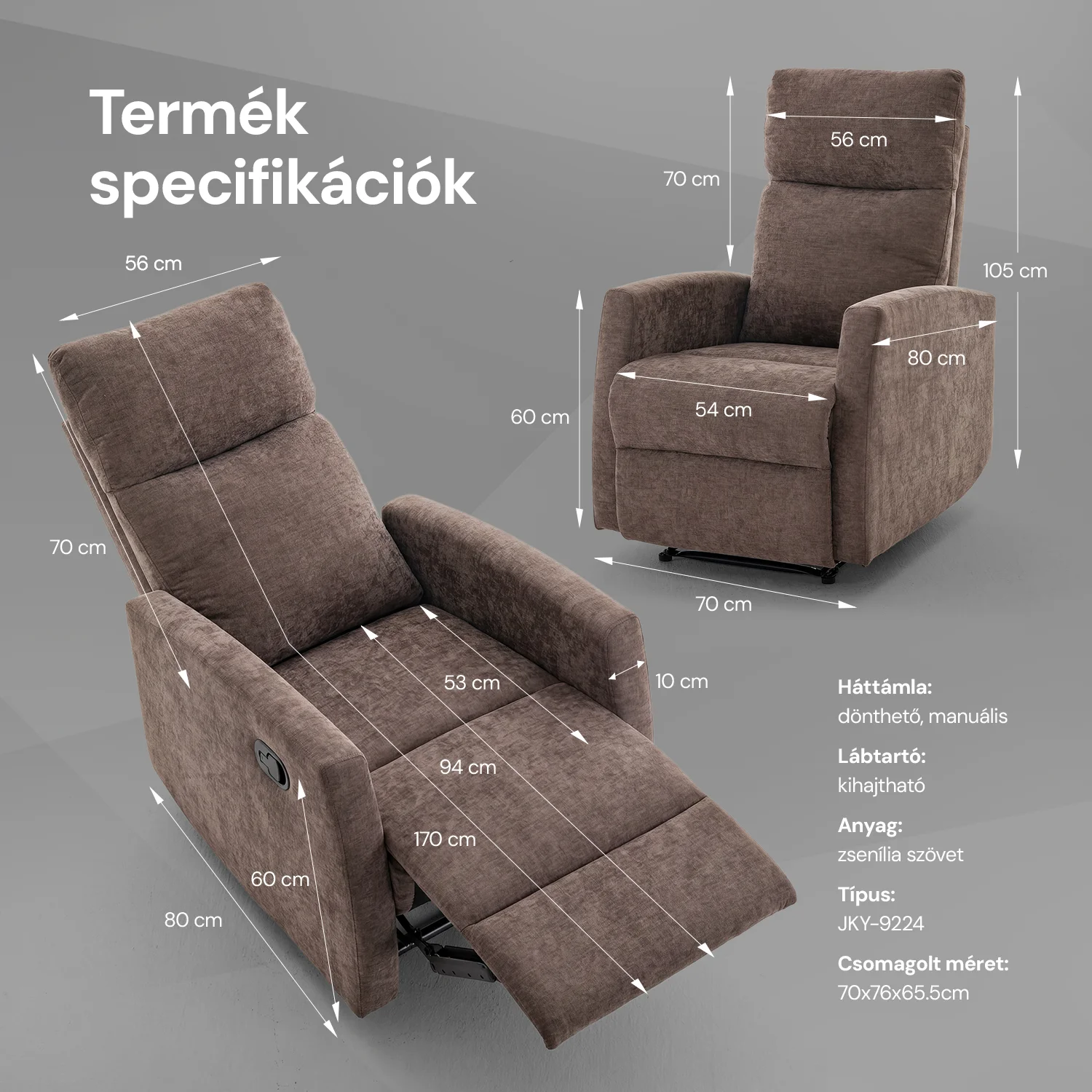 Fekvőfotel, relax fotelágy dönthető háttámlával, lábtartóval barna zsenília szövet (JKY-9224-DARK BROWN)