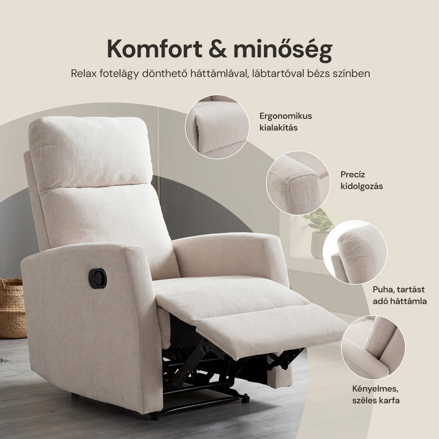 Fekvőfotel, relax fotelágy dönthető háttámlával, lábtartóval bézs zsenília szövet (JKY-9224-BEIGE)