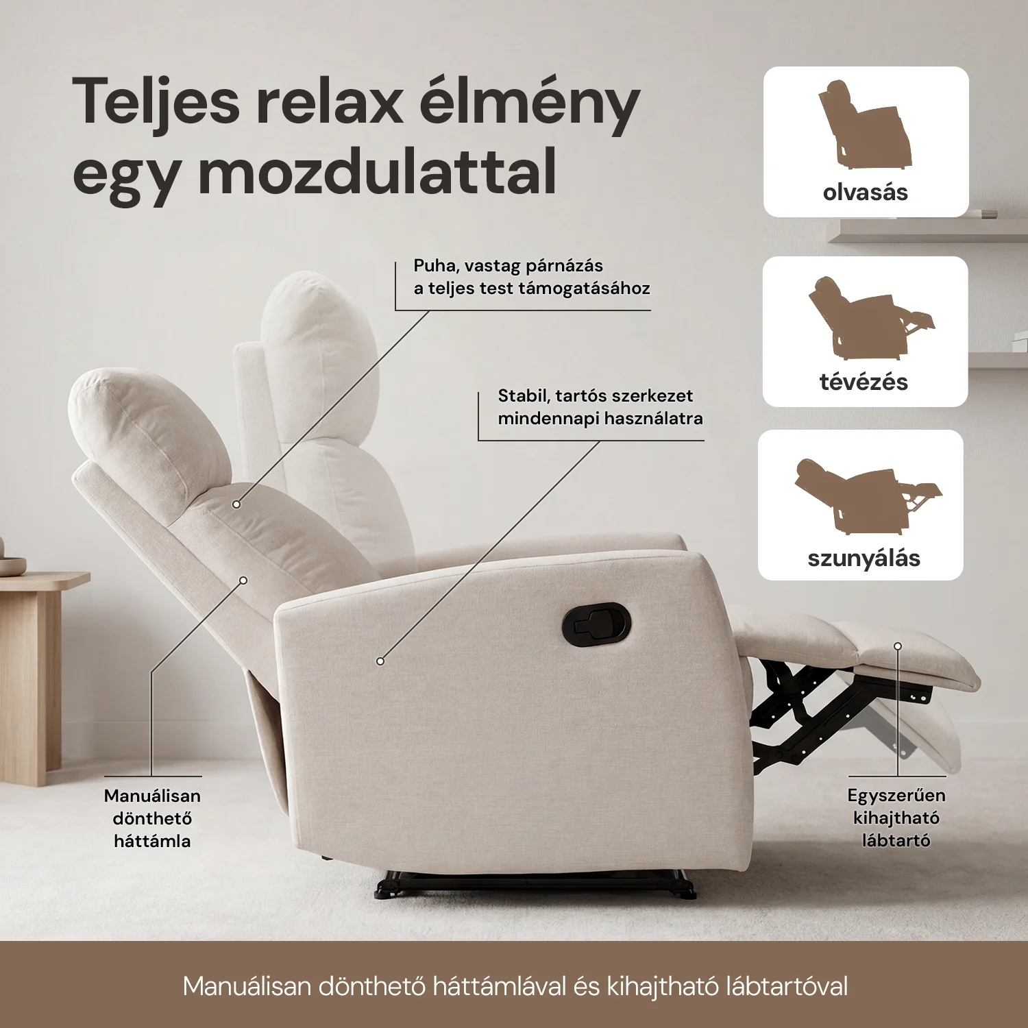 Fekvőfotel, relax fotelágy dönthető háttámlával, lábtartóval bézs zsenília szövet (JKY-9224-BEIGE)