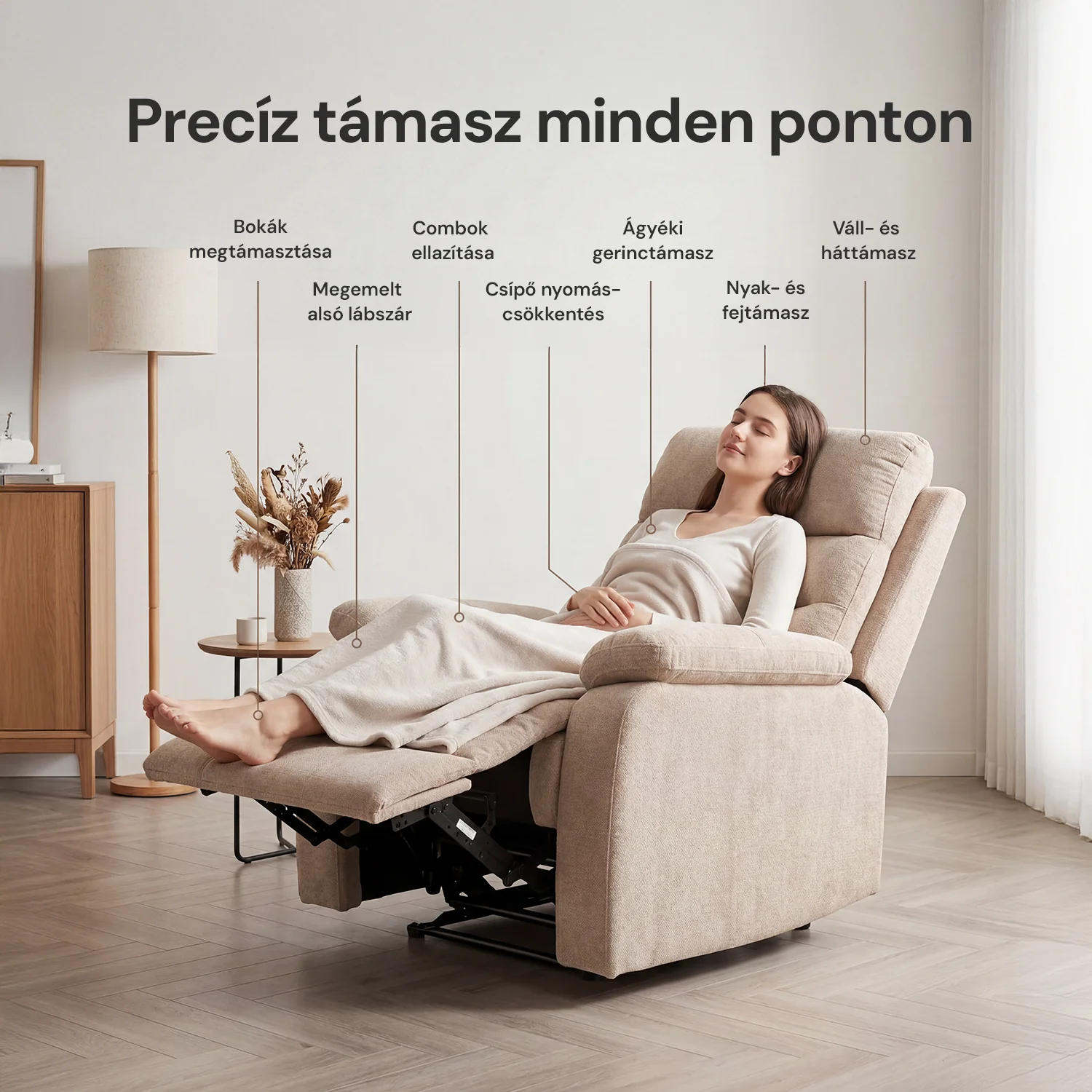 Fekvőfotel, relax fotelágy dönthető háttámlával, lábtartóval bézs zsenília szövet (JKY-9224-BEIGE)
