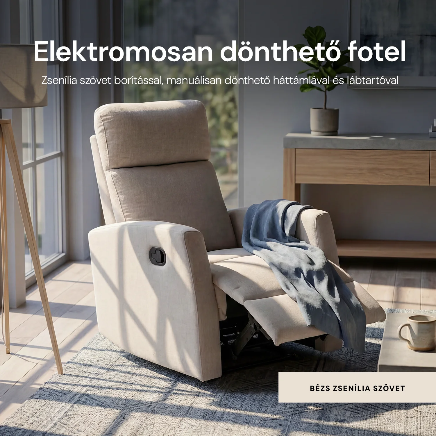 Fekvőfotel, relax fotelágy dönthető háttámlával, lábtartóval bézs zsenília szövet (JKY-9224-BEIGE)