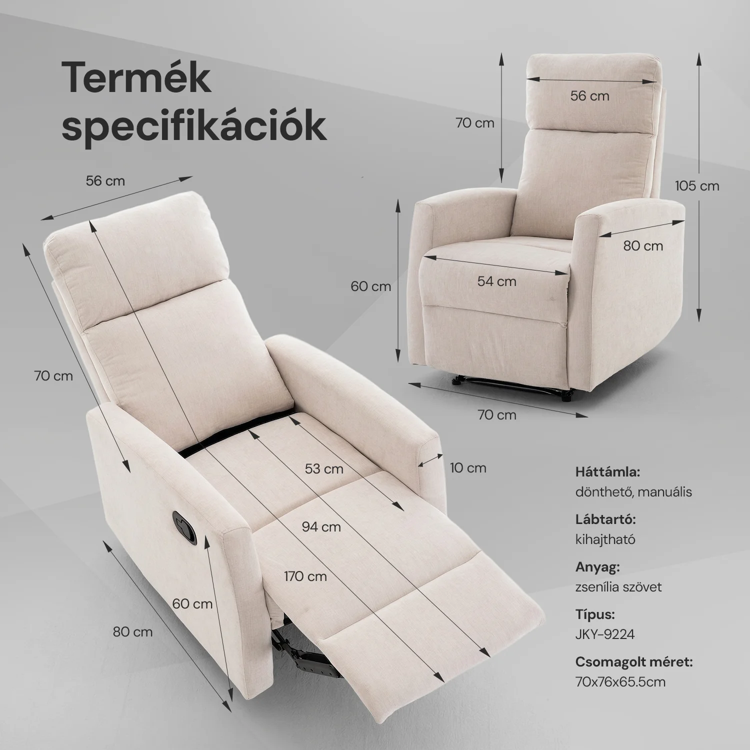 Fekvőfotel, relax fotelágy dönthető háttámlával, lábtartóval bézs zsenília szövet (JKY-9224-BEIGE)