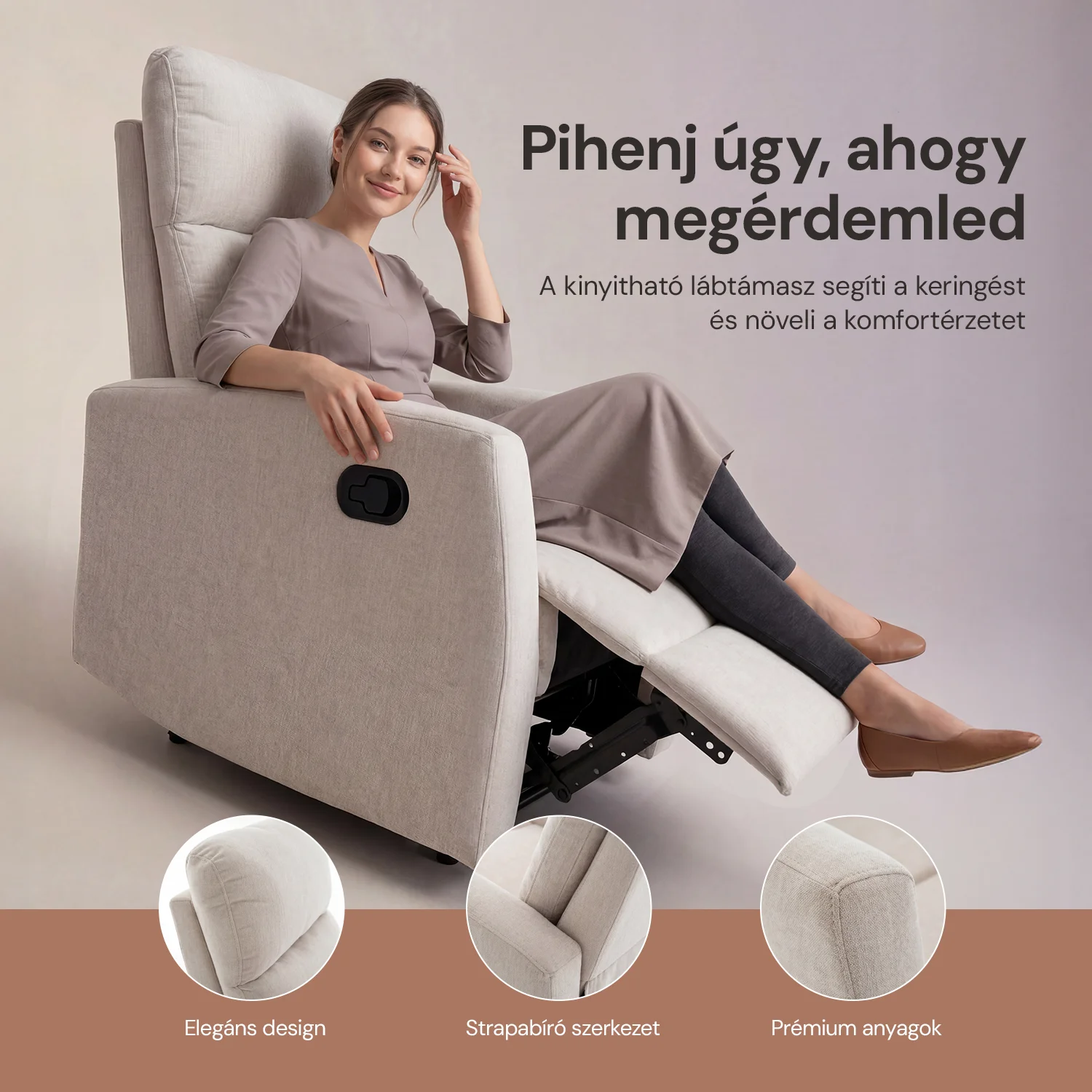 Fekvőfotel, relax fotelágy dönthető háttámlával, lábtartóval bézs zsenília szövet (JKY-9224-BEIGE)