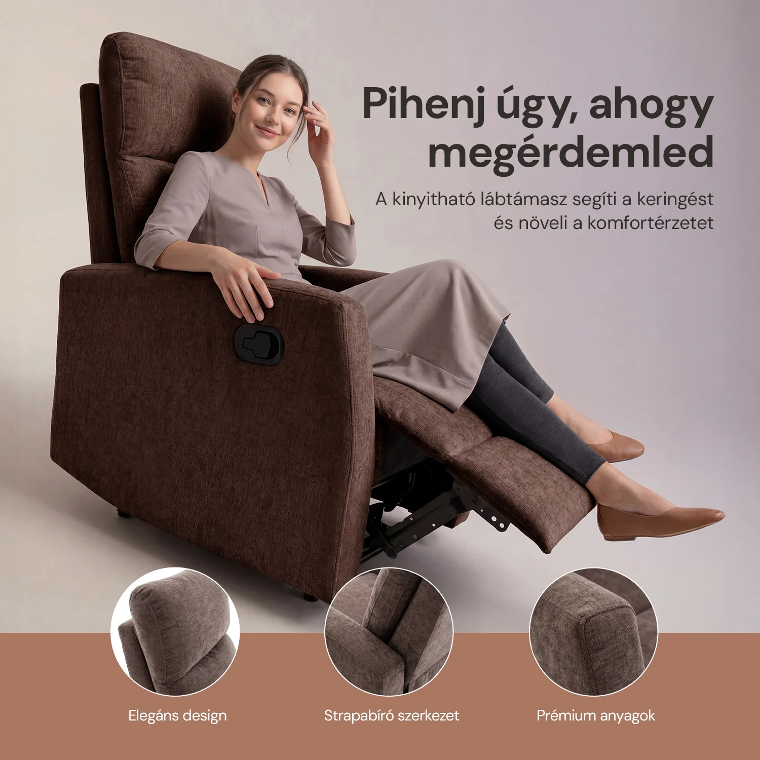 Fekvőfotel, relax fotelágy dönthető háttámlával, lábtartóval barna zsenília szövet (JKY-9224-DARK BROWN)