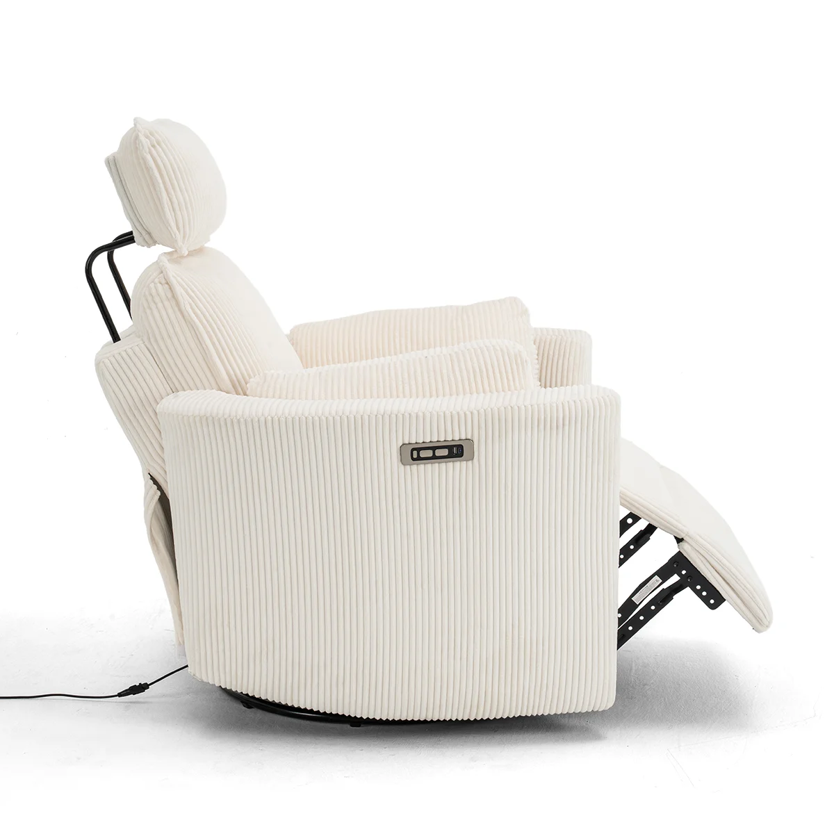 Elektromos, dönthető relax fotel, forgó és hinta funkcióval, bézs kordbársony szövet