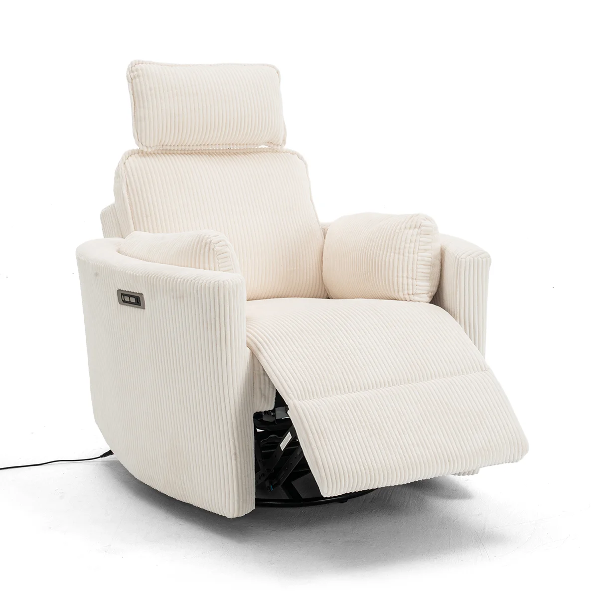 Elektromos, dönthető relax fotel, forgó és hinta funkcióval, bézs kordbársony szövet