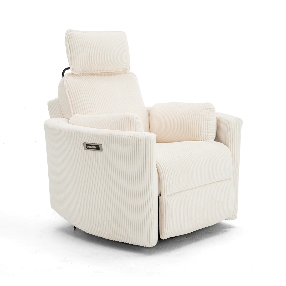 Elektromos, dönthető relax fotel, forgó és hinta funkcióval, bézs kordbársony szövet