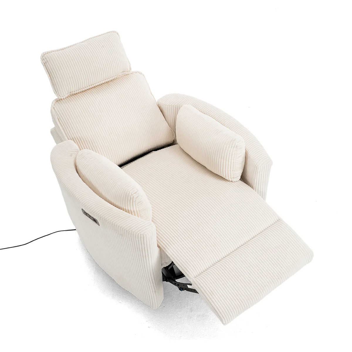 Elektromos, dönthető relax fotel, forgó és hinta funkcióval, bézs kordbársony szövet