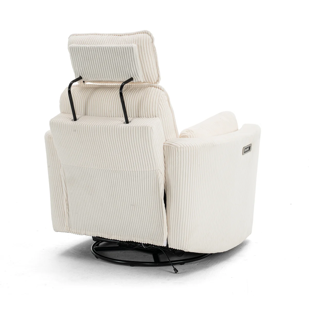 Elektromos, dönthető relax fotel, forgó és hinta funkcióval, bézs kordbársony szövet